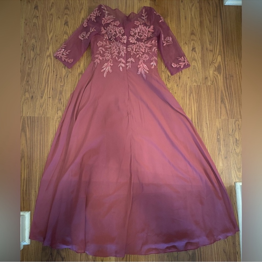 mauve rose A-line formal gown floral embroidered 3/4 lsheer sleeves side slit